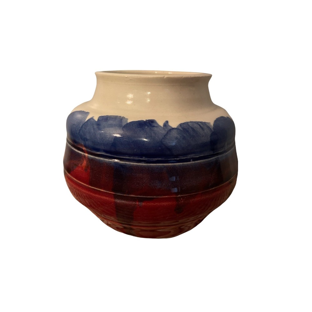 Vintage Mid Century Red Blue White Studio Art Pottery Ceramics Vase Signed Vogel